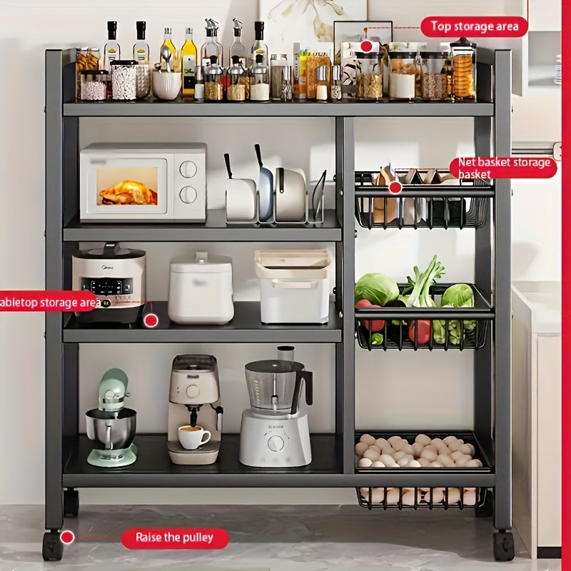 4-Tier Rolling Storage Rack with Wire Baskets & Wheels – Adjustable Metal Shelf for Kitchen, Pantry, Garage, Bathroom, and Closet, Movable Standing Organizer, Housewarming Gift