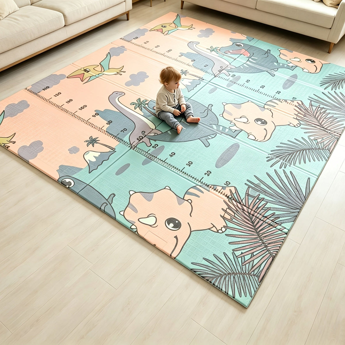 Baby Crawling Mat, Non-Slip Stain-Resistant & Easy-Clean Educational Floor Mat, Foldable & Portable Play Mat for Living Room, Grey-Brown Bear & Dinosaur Paradise Design, 78.74"x70.87"