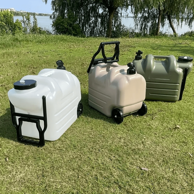 7.4 Gallon Portable Water Tank with Wheels - Large Capacity Durable PE Square Water Container for Camping, Hiking & Picnics - Khaki, Green, White & Black