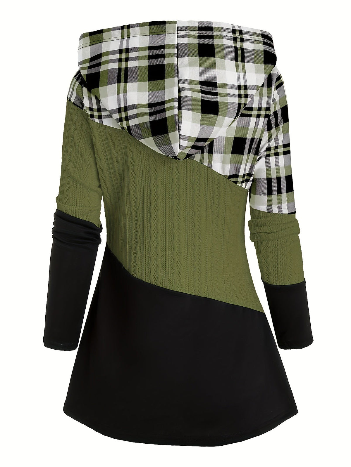 Women's Plaid Patchwork Hoodie - Long Sleeve Drawstring Pullover, Casual Fashion Hooded Sweatshirt - Pink Red, Burgundy & Fern Green - S to XXL