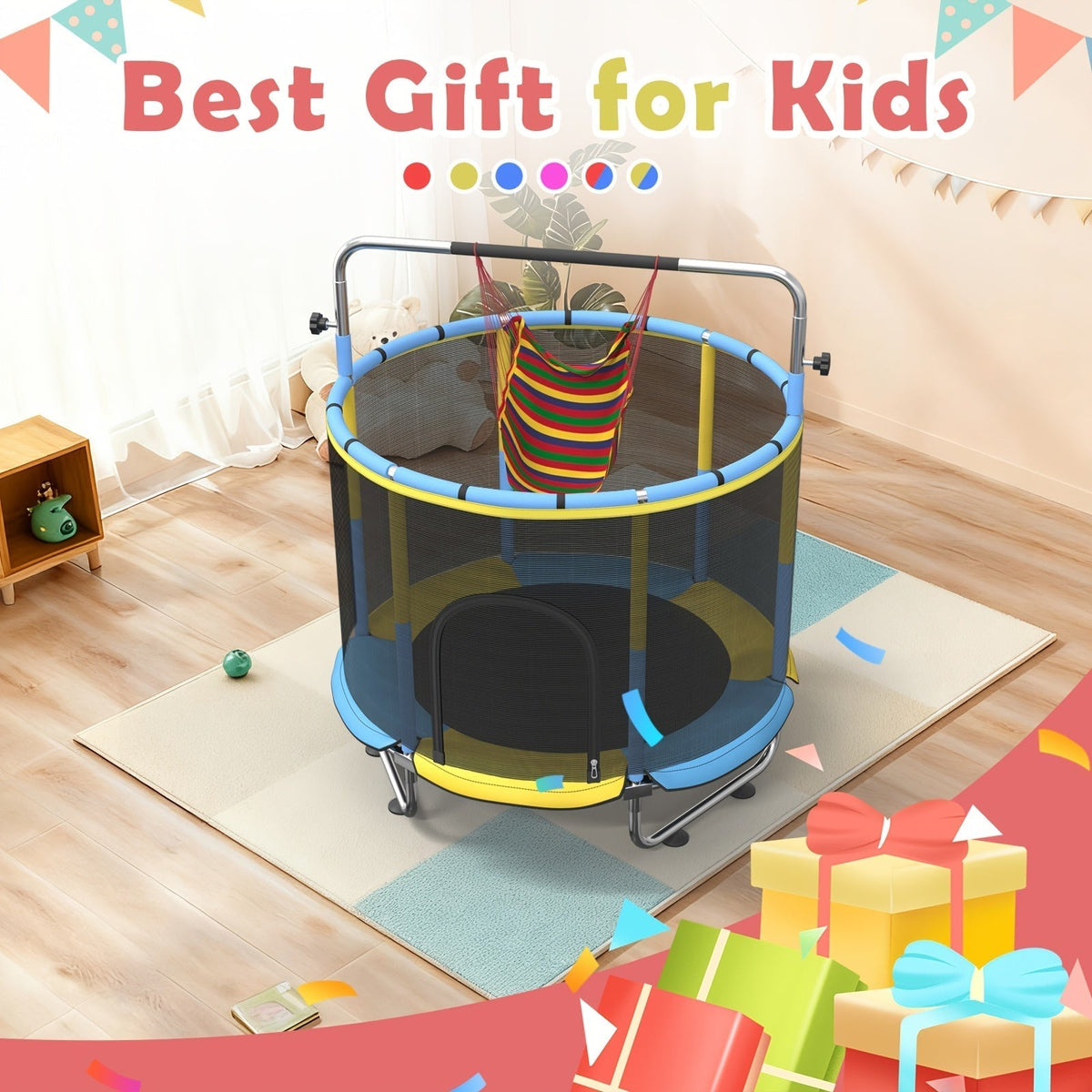 Kids & Adults Trampoline with Safety Enclosure Net, Multi-Functional Leisure Sports Trampoline, Indoor/Outdoor Backyard Jumping Mat, 6 Color Options, Fun Exercise Equipment for Family