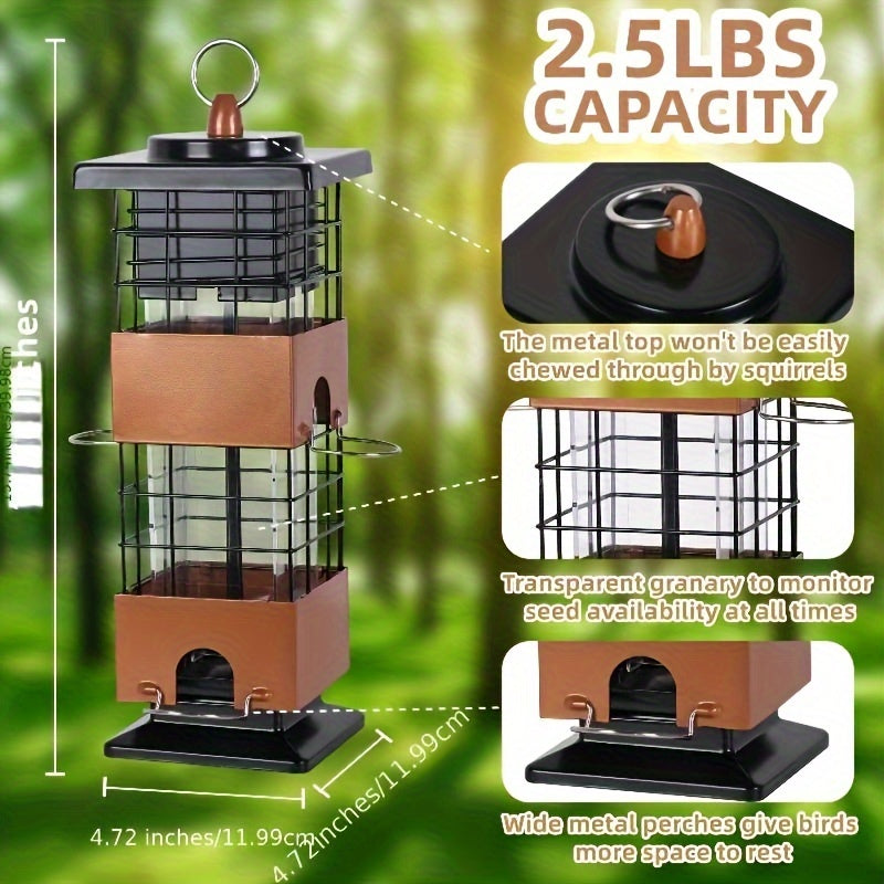Squirrel-Proof Bird Feeder, 5 lbs Large Capacity, Outdoor Hanging Metal Construction, Bilateral Weight-Activated, Easy to Fill & Clean, Weather-Resistant for Garden and Backyard