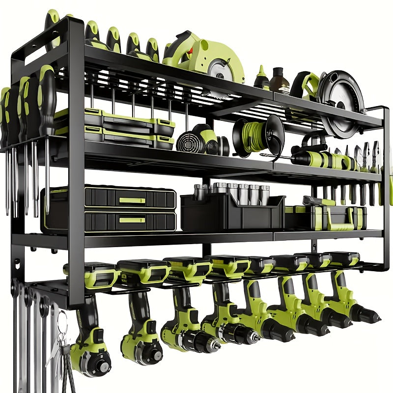 Wall-Mounted Electric Tool Storage Rack - 4-Layer, 8 Drill Bit Holders - Garage & Workshop Shelf - Men's Gift - Red, Yellow, Green & Black