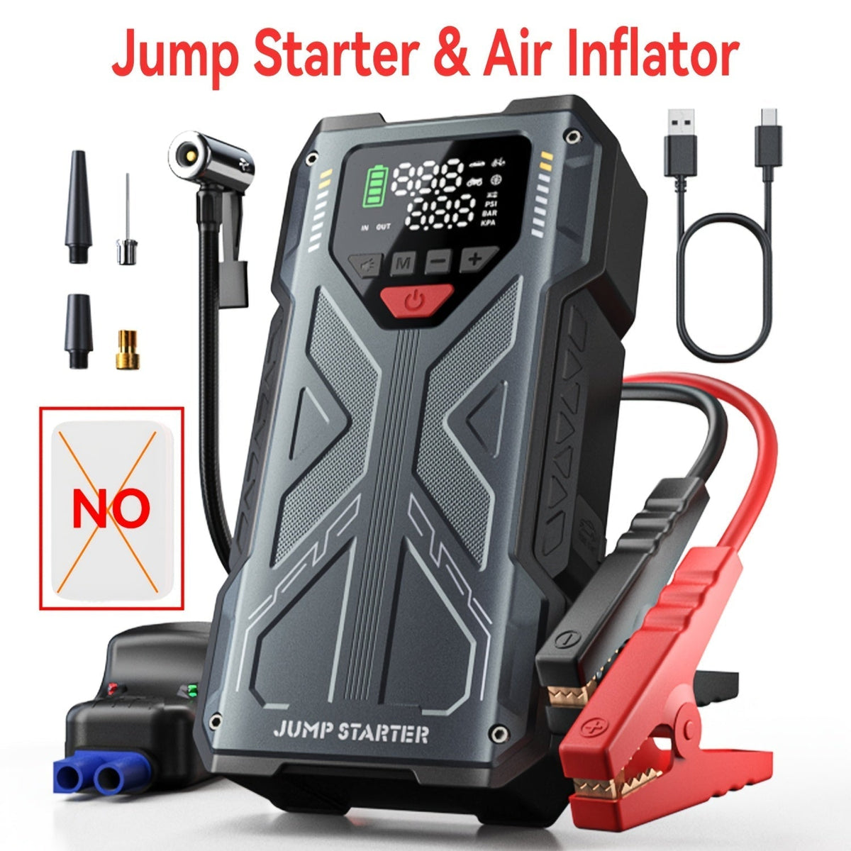 9-in-1 Portable Jump Starter with Air Compressor for 12V Vehicles (Up to 8.0L Gas / 6.5L Diesel) – Battery Booster Pack with Tire Inflator, USB Power Bank, LED Emergency Light & Roadside Kit