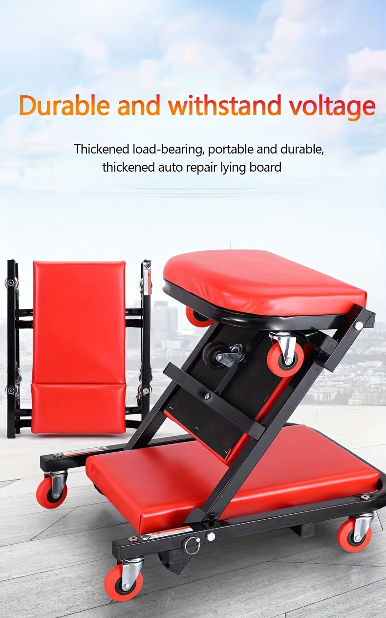 Foldable 2-in-1 Mechanic Creeper & Rolling Seat 300LB | 36-Inch Z-Crawler with 6 Swivel Casters, Adjustable Headrest, Folding Car Repair Creeper for Garage Workshop – Black & Red
