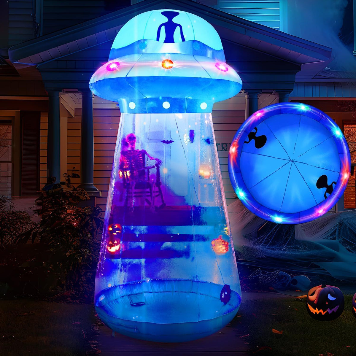 9-Foot Inflatable Halloween UFO Decoration with Color-Changing LED Lights, 4x4x9 ft, Blue Rim, Ground Stakes & Sandbags Included, Indoor Outdoor Yard Garden Party Decor