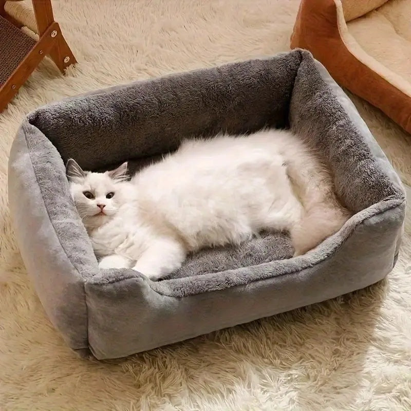 毛绒方形宠物床，适用于猫狗——柔软蓬松的缓冲垫，开放式边缘设计，易清洁涤纶材质，4种尺寸（S/M/L/XL），室内外通用，适用于猫、小型犬、兔子及豚鼠。