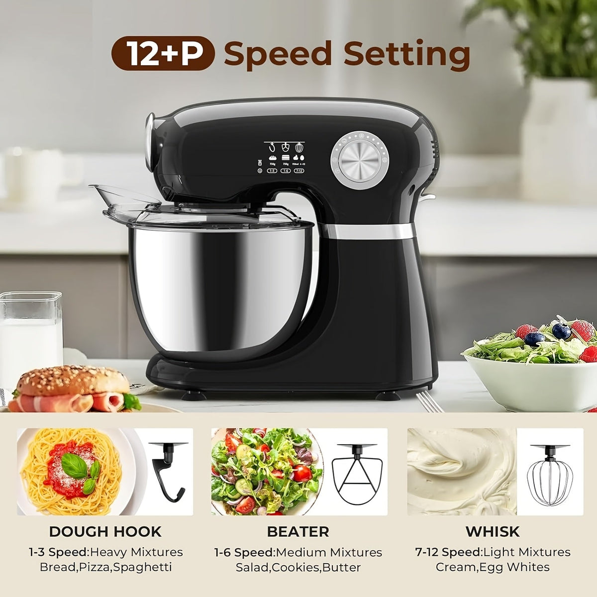 4-in-1 Stand Mixer 350W, 12-Speed with Pulse, 5.5Qt Stainless Steel Bowl, Dough Hook, Whisk & Mixing Paddle, Electric Kitchen Mixer for Cake Bread Dough Baking, Home & Professional Use