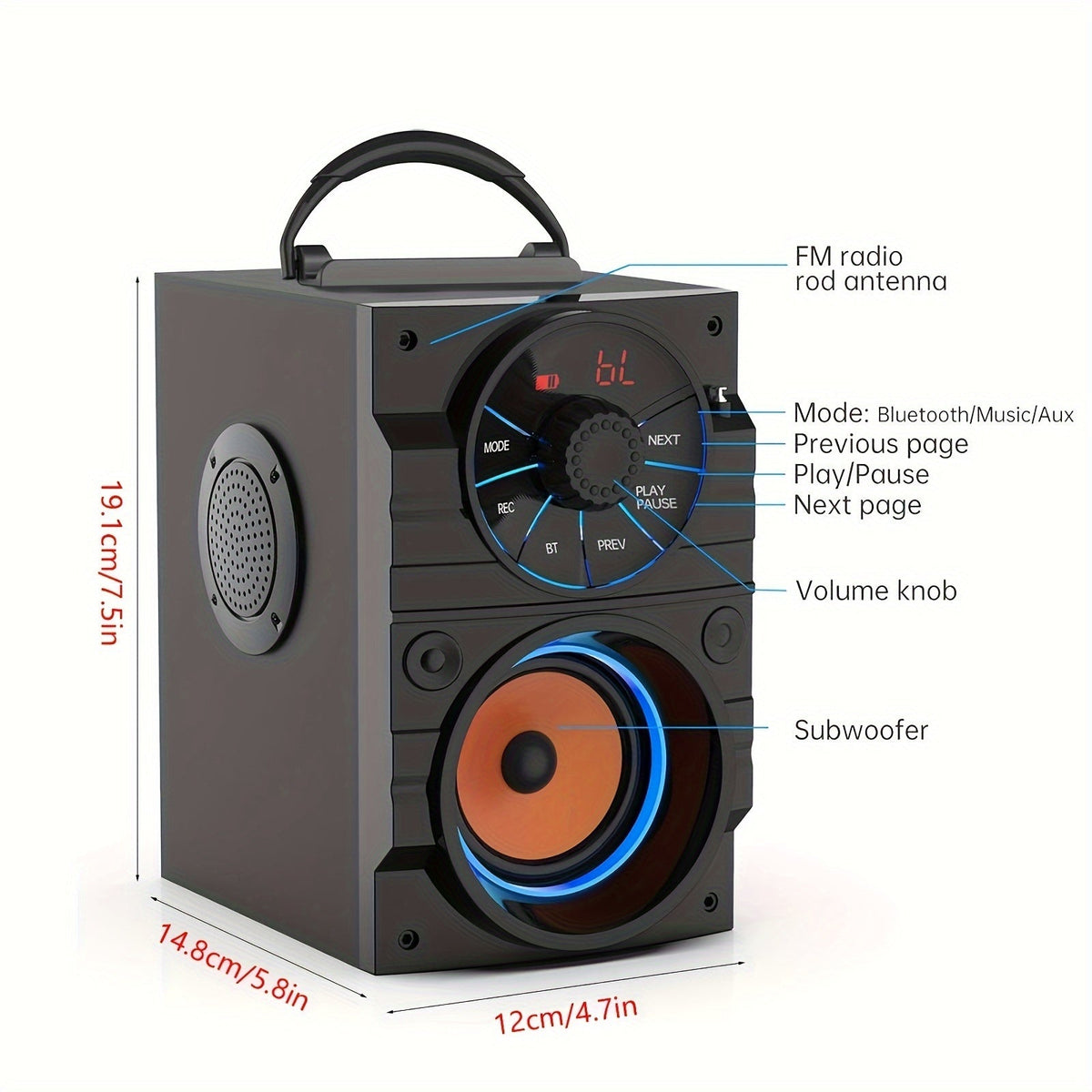 Portable Wireless Party Speaker with Subwoofer Heavy Bass Bluetooth FM Radio Remote Control LCD Display for Indoor Outdoor Home Phone & PC – Black