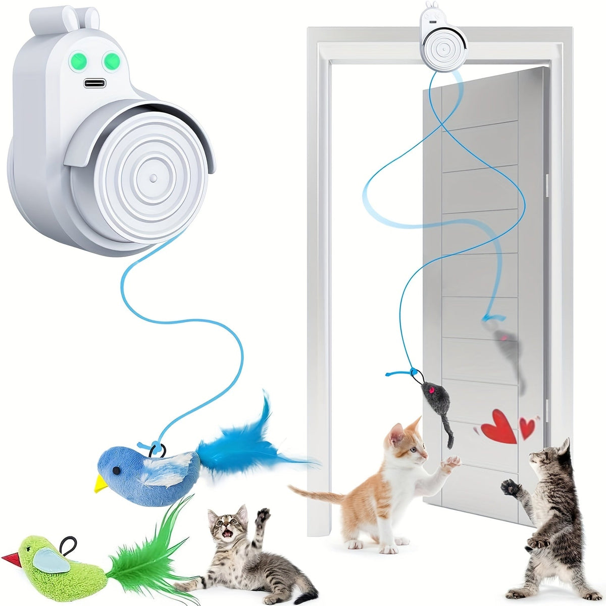Interactive Cat Toy for Indoor Cats – Automatic Electric Flying Bird Feather Hanging Self-Play Toy for Bored Kittens & Adult Cats, White Blue Grey