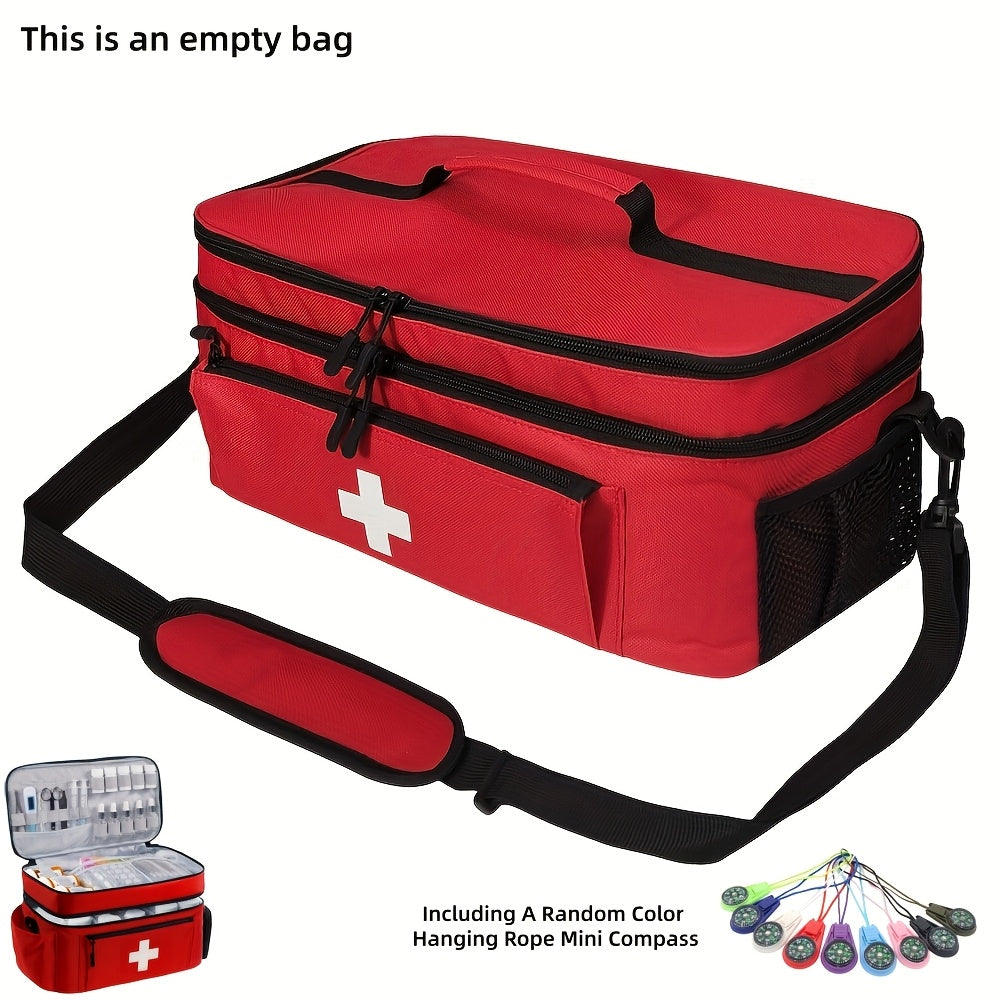 Large First Aid & Emergency Bag with Shoulder Strap - Double-Layer, Multiple Compartments, Mini Compass Included, Portable Emergency Organizer - Red, Gray, Black (Empty Bag Only)