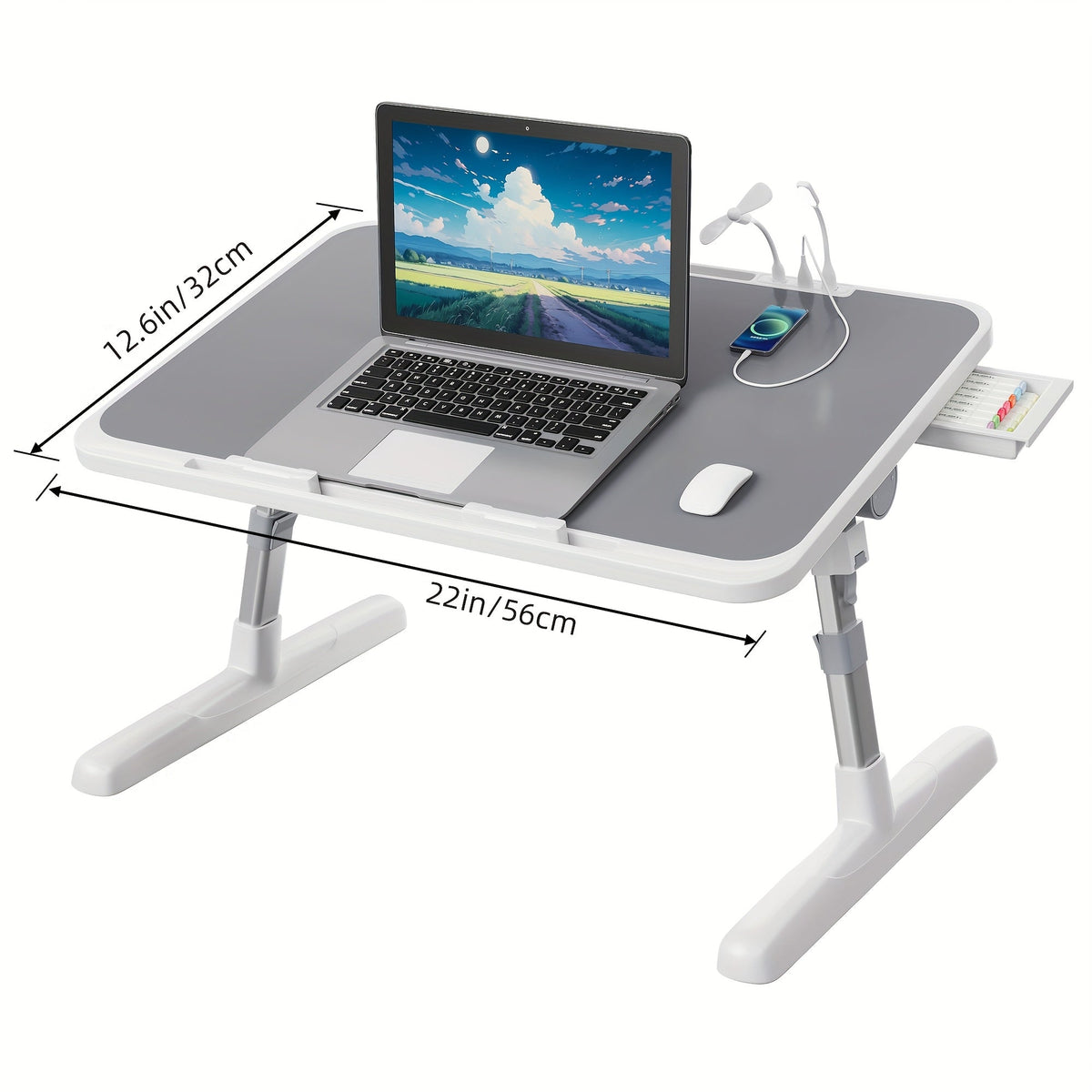 Lap Desk Bed Tray Table with USB Light, Fan & Drawer – Adjustable Portable Laptop Stand for Bed, Couch, Sofa; Laptop Desk for Reading, Writing, Eating – 10 Colors & Sizes