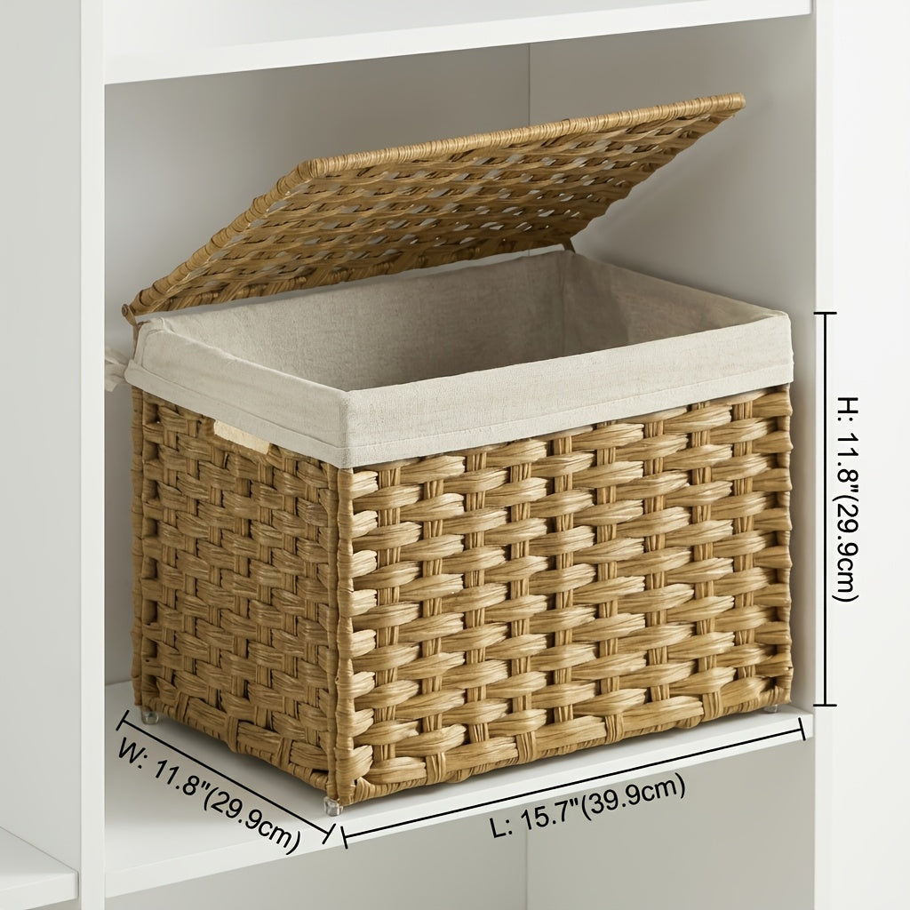 Large Foldable Storage Basket with Lid & Handles Removable Liner Metal Frame for Blankets Laundry Bedroom – 9.25 / 17.2 / 42.3 Gal – Natural Brown & Gray