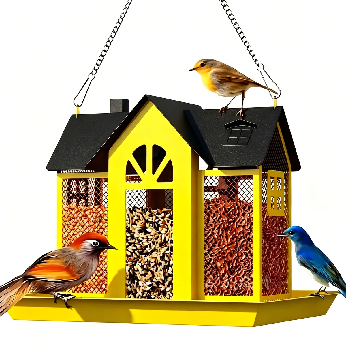 Squirrel-Proof Wild Bird Feeder for Outdoors – 3-Chamber Metal Mesh Large-Capacity Weatherproof Hanging Bird Feeder for Cardinals, Finches, and Backyard Birds, Available in Multiple Colors
