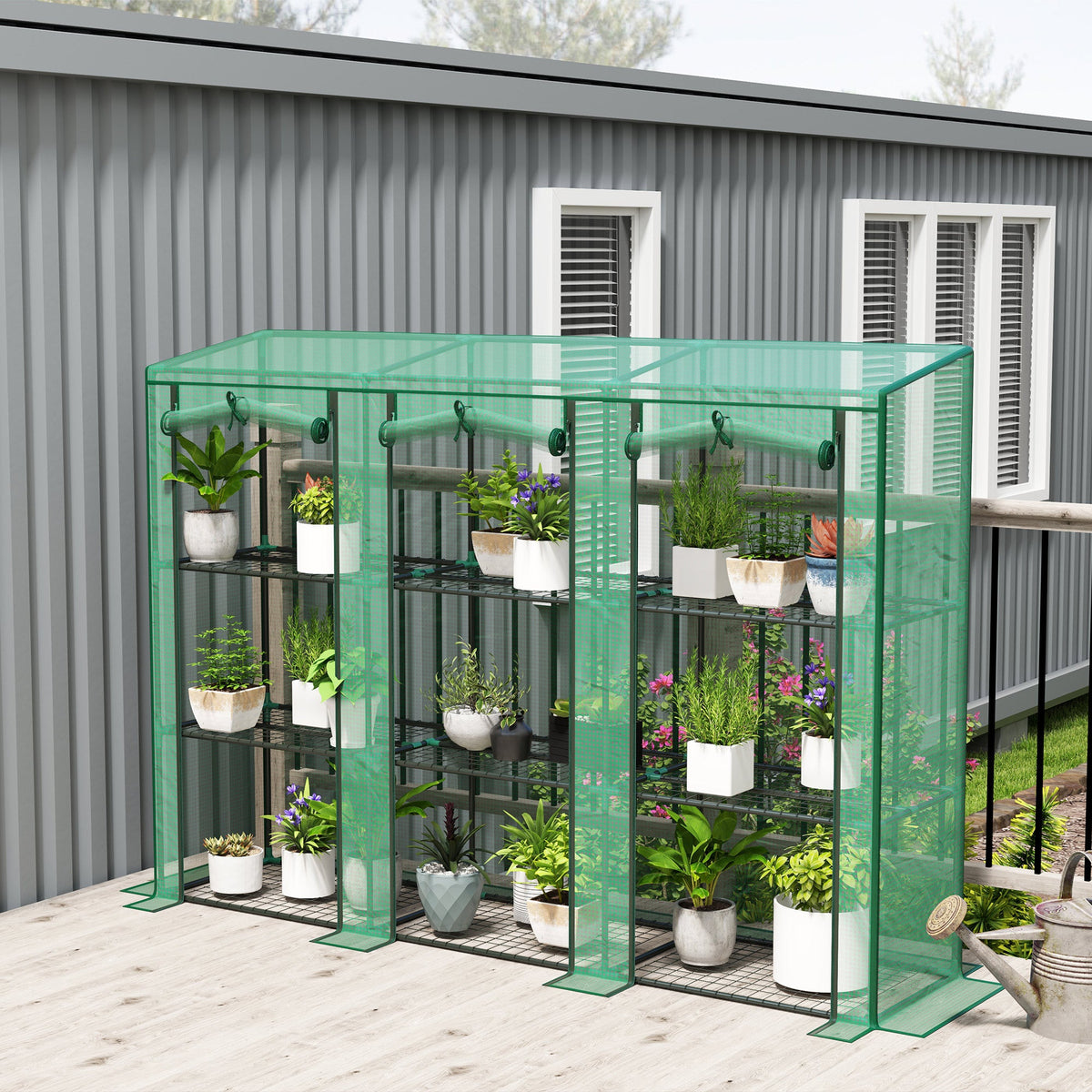 Lean-To Mini Greenhouse, 84.6"x18.1"x56.7", 3-Tier 9 Wire Shelves, 140GSM UV-Resistant PE Cover, 85% Light Transmission, 3 Roll-Up Zip Doors, Powder-Coated Steel Frame, Indoor Outdoor, Green
