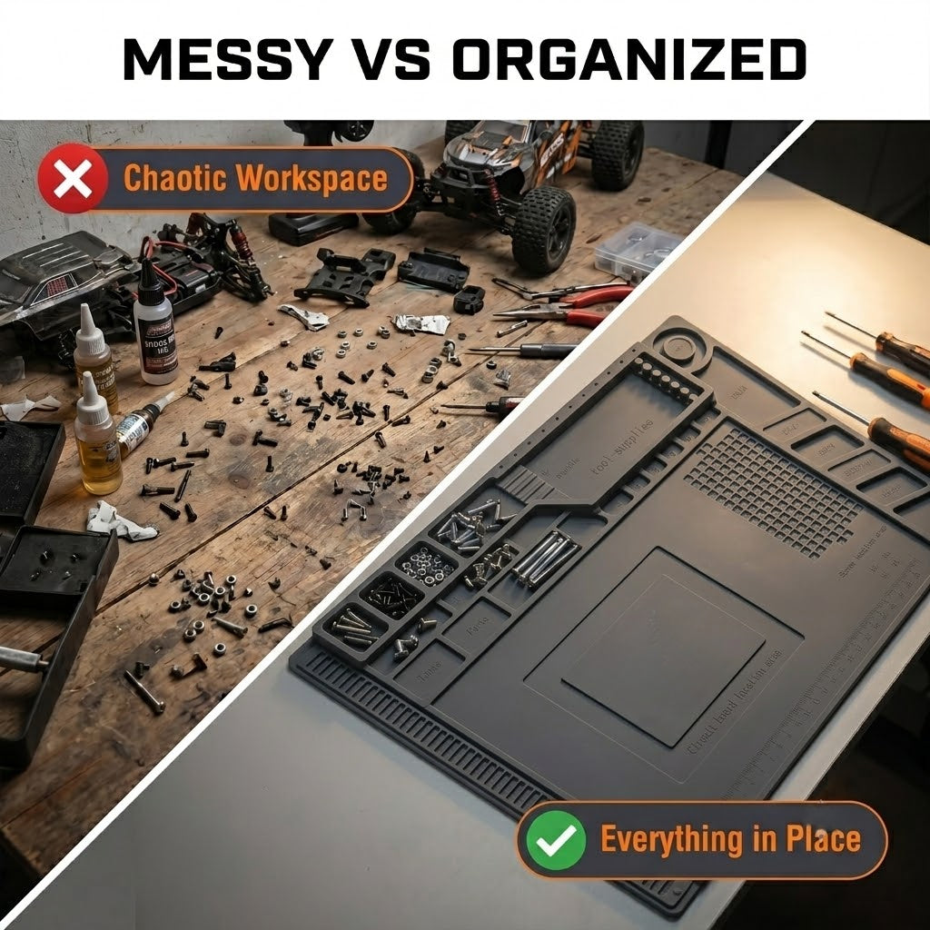 Magnetic Modular Hobby Workbench Mat - Anti-Slip, Scratch-Resistant & Oil-Proof - Parts Sorting Trays - RC Cars, FPV Drones, Electronics Repair & Welding - Grey