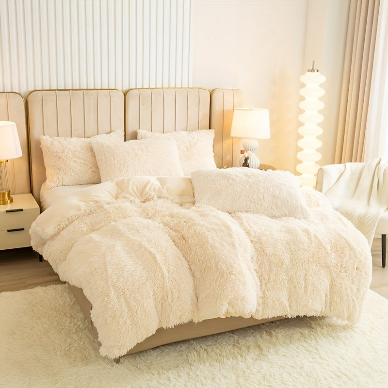 Plush Duvet Cover Set 3 Piece, Long Hair Knitted Polyester, Solid Color Fuzzy Comforter Cover with Zipper Closure, All-Season Soft Cozy Bedding Set for Bedroom, Multiple Colors Available