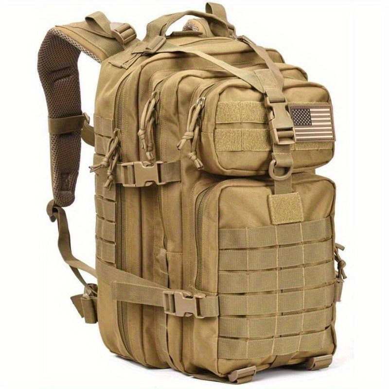 Men's Large Tactical Backpack – 45L MOLLE System 3-Day Rucksack for Hiking Fishing Hunting Travel & Mountaineering in Khaki Red & Black (Flag Badge Included)
