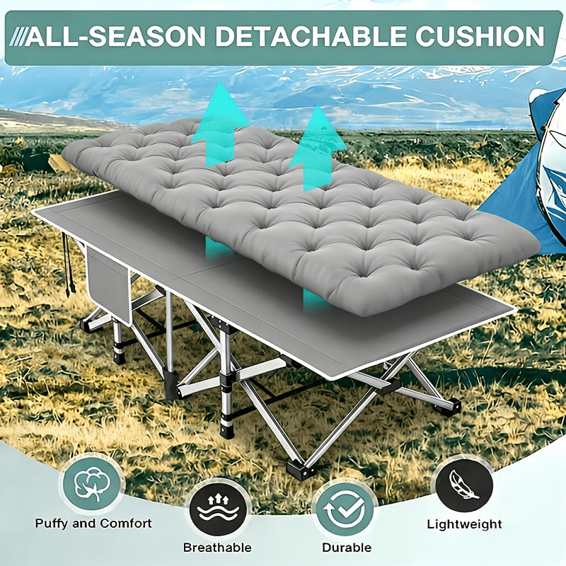 Folding Camping Bed with Mattress & Side Pockets – Heavy Duty Portable Cot for Adults, Foldable Guest Bed for Camping, Outdoor, Courtyard, Terrace, Office, and Guest Room