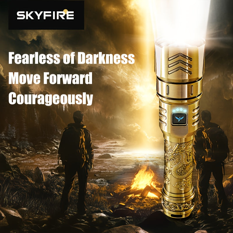 SKYFIRE LED Rechargeable Flashlight 4000mAh Golden Dragon Pattern Ignition Lens Zoom & 4 Modes for Camping Outdoor & Household Use – Gold