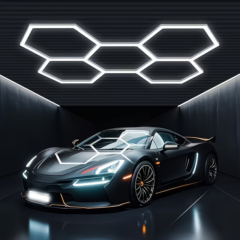 Hexagonal LED Garage Lights - 6500K Daylight White, Snap-On Install, V0 Flame-Retardant, Linkable for Garage, Workshop, Gym & Exhibition Hall - 2 to 22 Grid & HEX Configurations