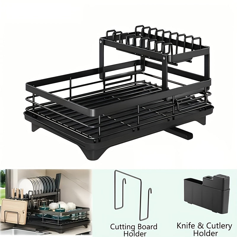 2-Tier Dish Drying Rack for Kitchen Counter with Drainboard, Drain Mat, Knife, Fork, and Cup Holder, Utensil Organizer, Dish Drainer, Kitchen Gadget Gift for Women, Mother's Day