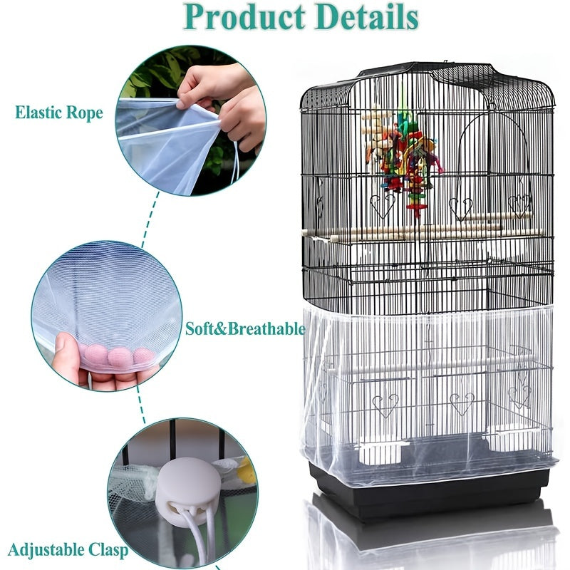 Bird Cage Cover, Polyester Mesh, Dust-Proof and Light-Penetrating, with Elastic Rope Fastener, for Parrots, Budgies, Cockatiels, Small to Large Cages, Black/White, 31.5in Height