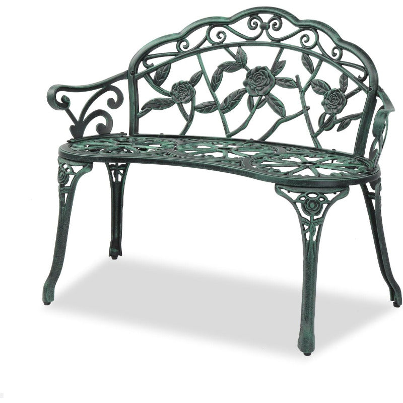Outdoor Metal Rose Garden Bench Cast Aluminum Frame 500lb 2-Person Seating for Patio Porch Path Lawn Yard & Deck – Weather Resistant, Anti-Rust, Classic Decorative Design, Bronze/White/Green