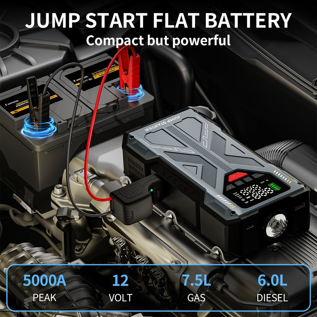 9-in-1 Portable Jump Starter with Air Compressor for 12V Vehicles (Up to 8.0L Gas / 6.5L Diesel) – Battery Booster Pack with Tire Inflator, USB Power Bank, LED Emergency Light & Roadside Kit