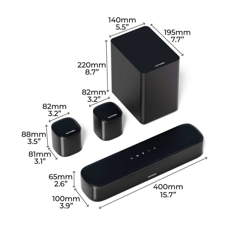 Ultimea Aura A30 5.1ch Soundbar with Wired Subwoofer & 2 Surround Speakers – SurroundX Virtual Surround, 330W, 121 EQ Presets, 6 EQ Modes, App Control, Opt/AUX, for Smart TV Home Theater – Nova Mart