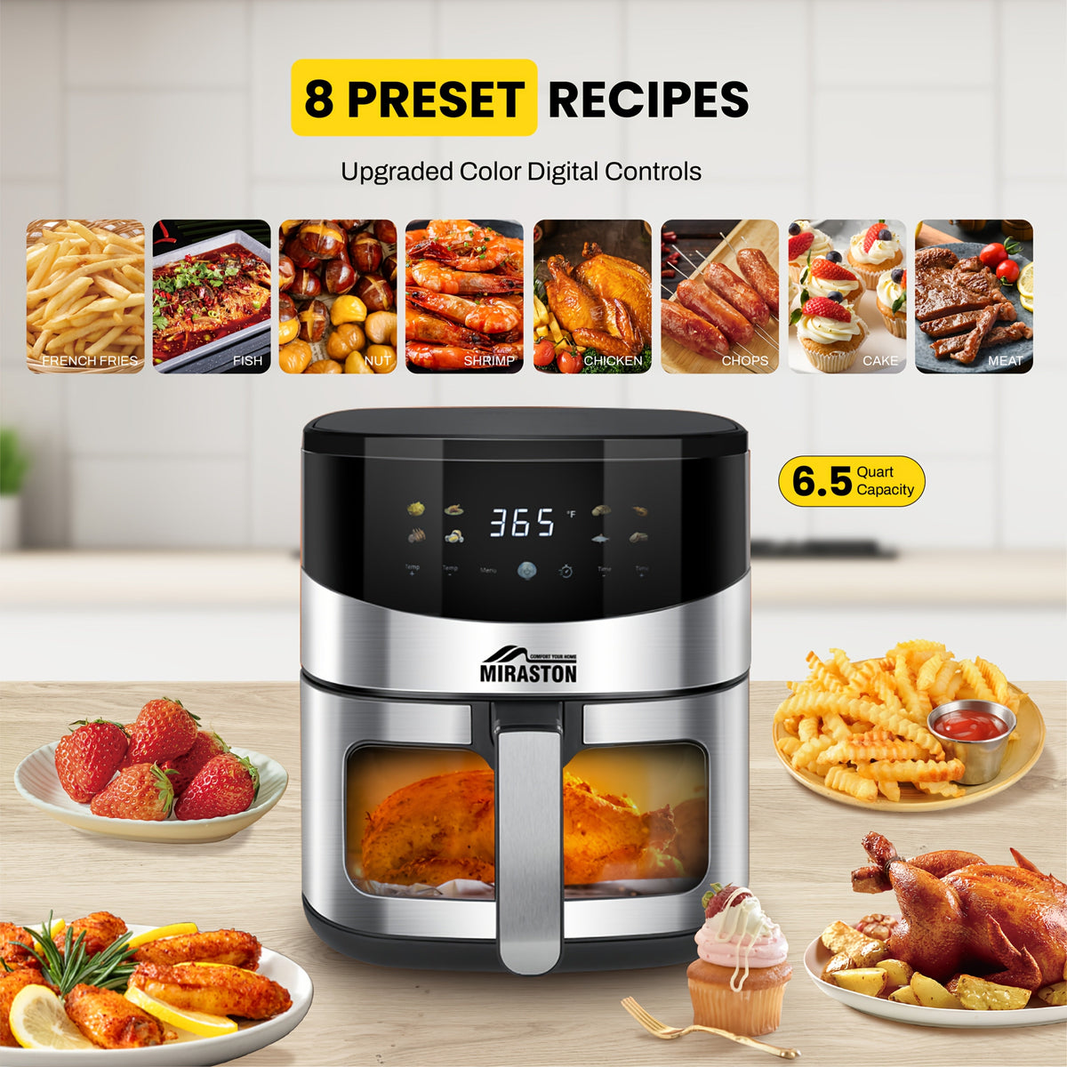 Smart Touch Screen Air Fryer - 2.8QT & 6.5QT, Color Icon Display, Viewable Window, 8 Presets & Manual Adjustments, 1500W, Dishwasher-Safe - Family & Party Kitchen Appliance