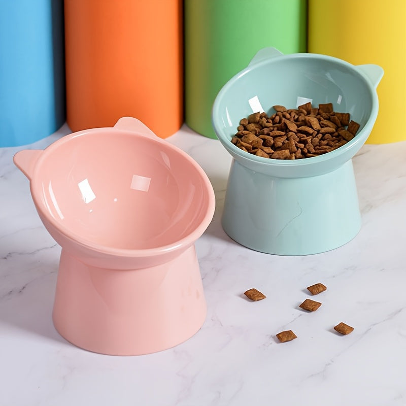 Raised Cat Bowls Set of 3, Cat-Ear Shaped Elevated Feeder, Anti-Slip Base, Neck Comfort Design, Tri-Color Pet Feeding Dish (Pink, Green, Blue) for Multi-Cat Households