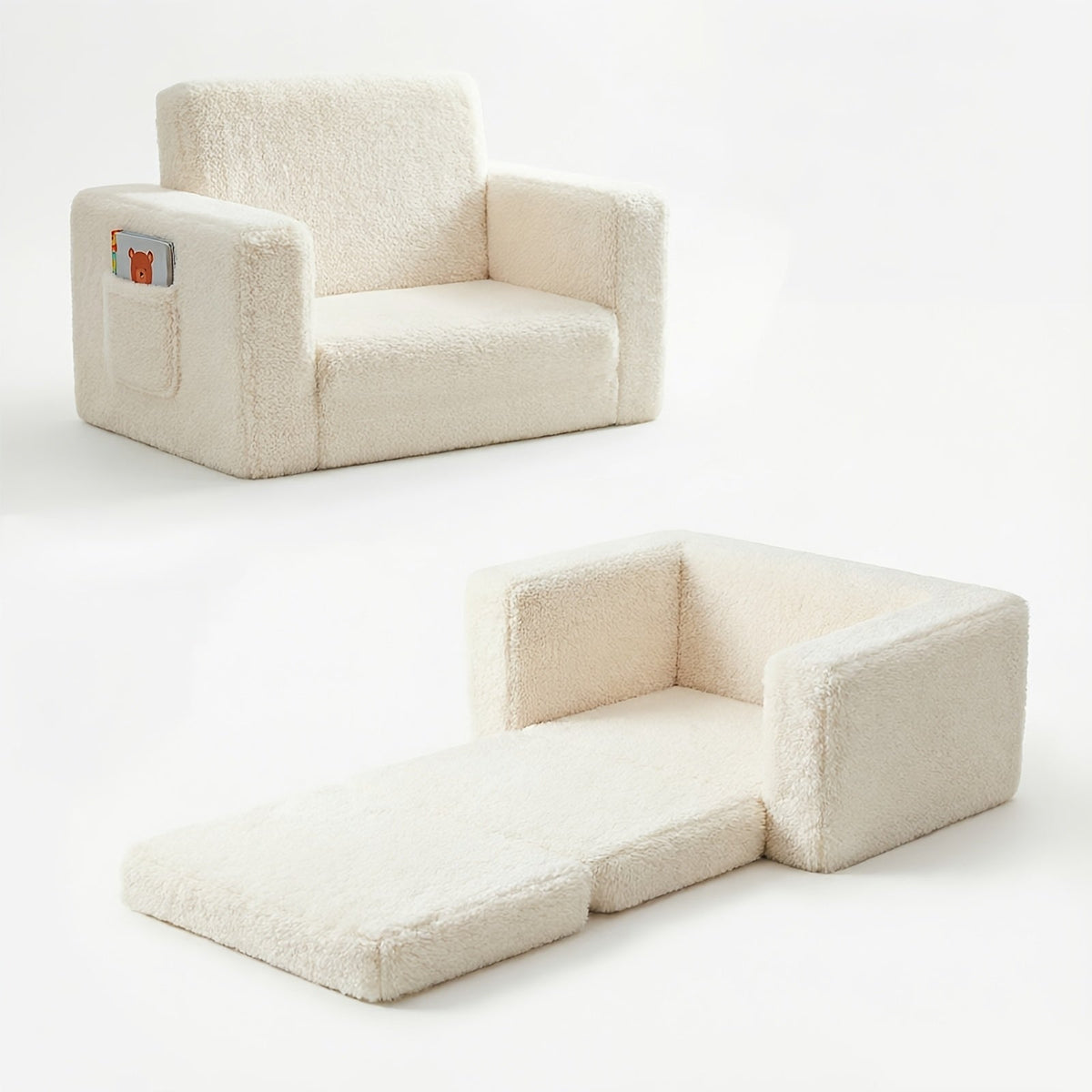 Kids Sofa 2-in-1 Convertible Recliner Chair Velvet Plush Storage Pocket Armrests Folding Lounge Chair for Boys Girls Playroom Bedroom Pink Grey White