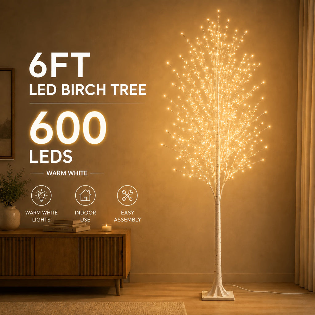 6FT 600 LED Warm White Artificial Birch Tree Floor Lamp Flexible Branches Hand-Wrapped Bark Trunk Plug-In for Living Room Christmas Wedding & Home Decor