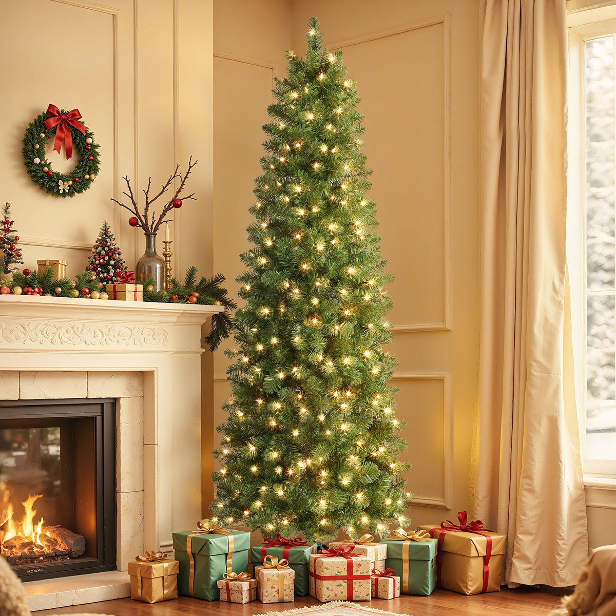 Pre-Lit Slim Pencil Christmas Tree – Artificial Hinged Xmas Tree with Warm White Lights Full Branch Tips Stable Metal Stand Easy Assembly in 4FT to 9FT + Bonus Tinsel Garland