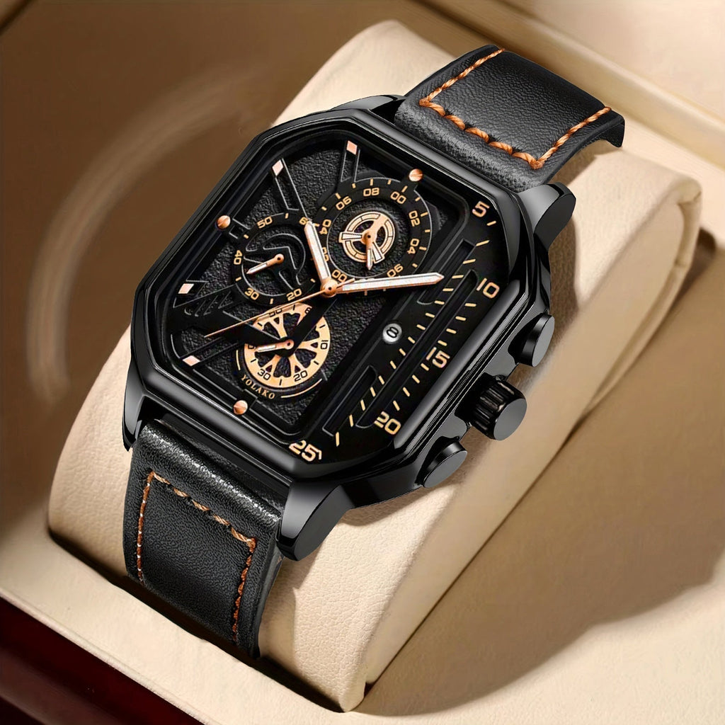 2pcs Men's Watch Set: Sports Triangle Dial Silicone Strap and Retro Square Dial Quartz Watch with Date Display, Casual Dress Watches for Valentine's Day or Father's Day Gift