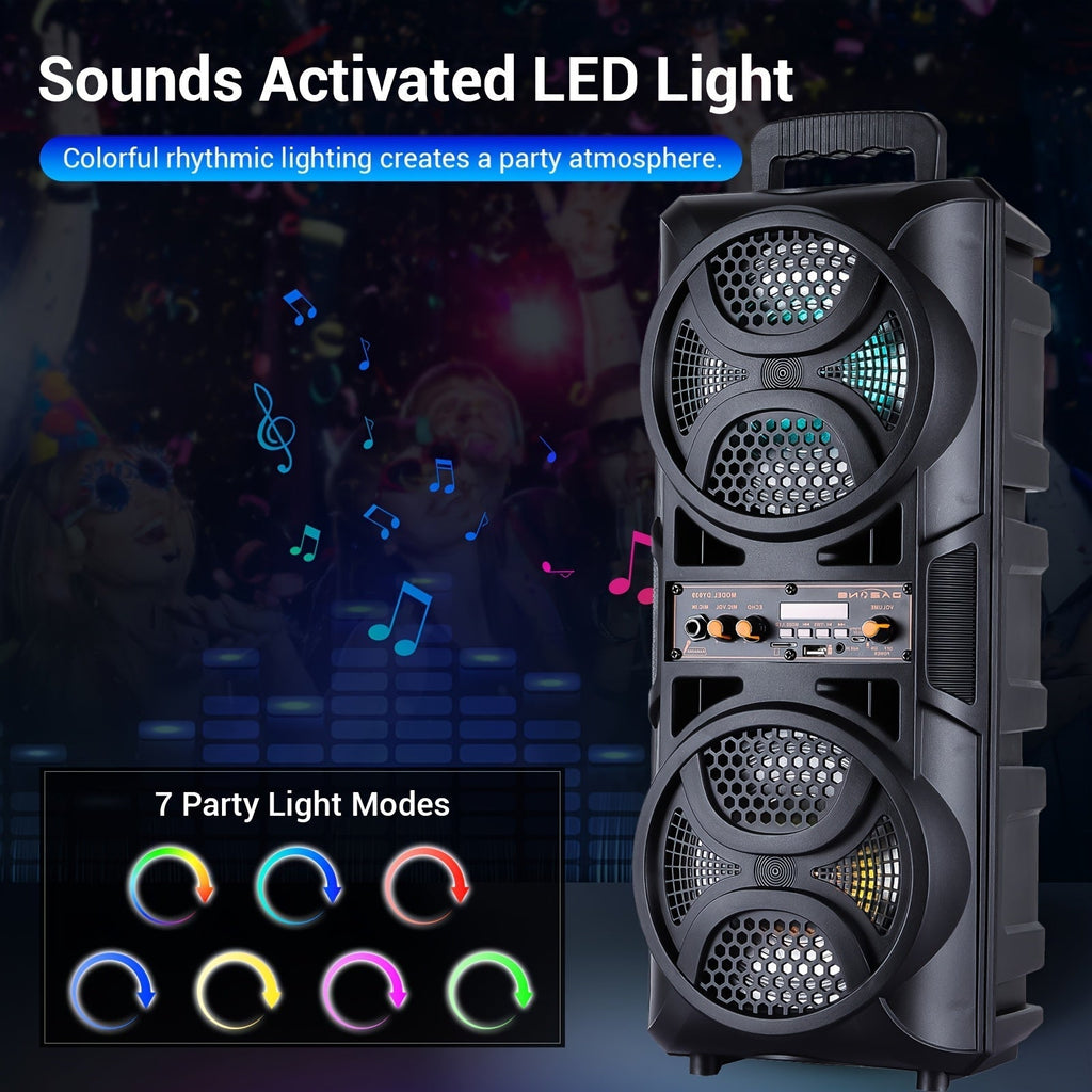 3000W Portable Bluetooth Party Speaker – Dual 6.5'' Subwoofer Stereo Sound, Colorful LED Lights, FM Radio, Microphone Included, TF/USB/AUX Support, Outdoor & Home Party Speaker – Black