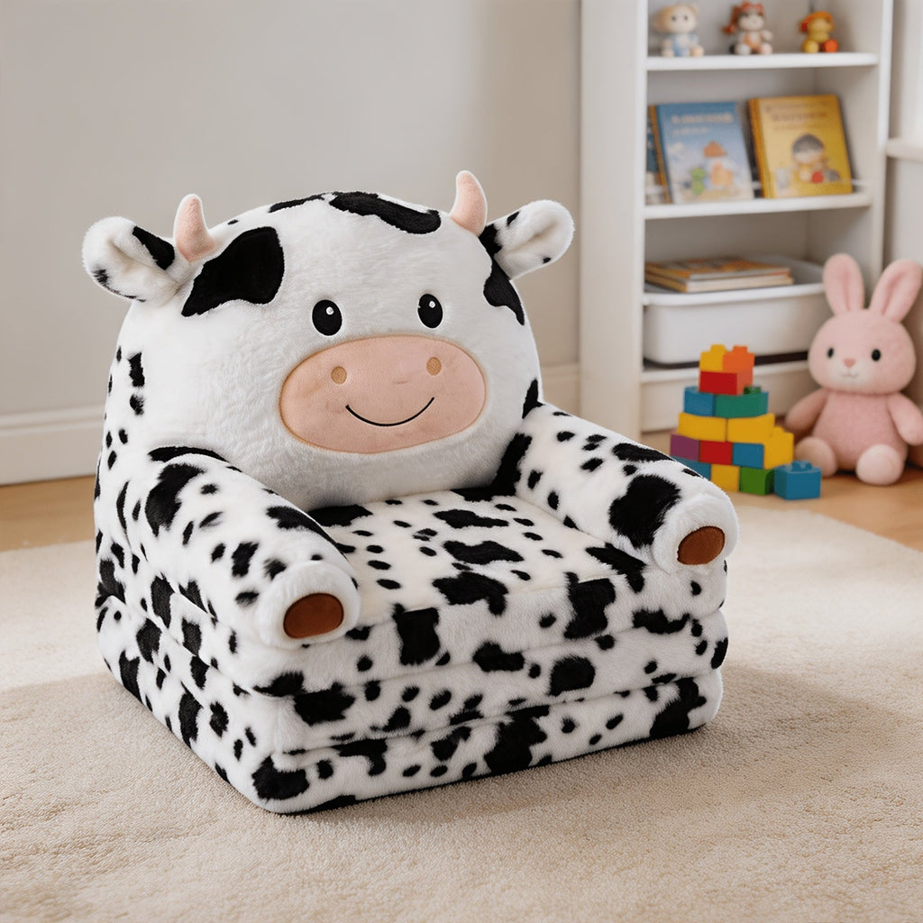 Kids 2-in-1 Convertible Flip-Out Sofa Bed Plush Faux Fur Toddler Couch 27.56×17.72×15.75 In Playroom & Nursery – Black & White / Pink & White Cow Print