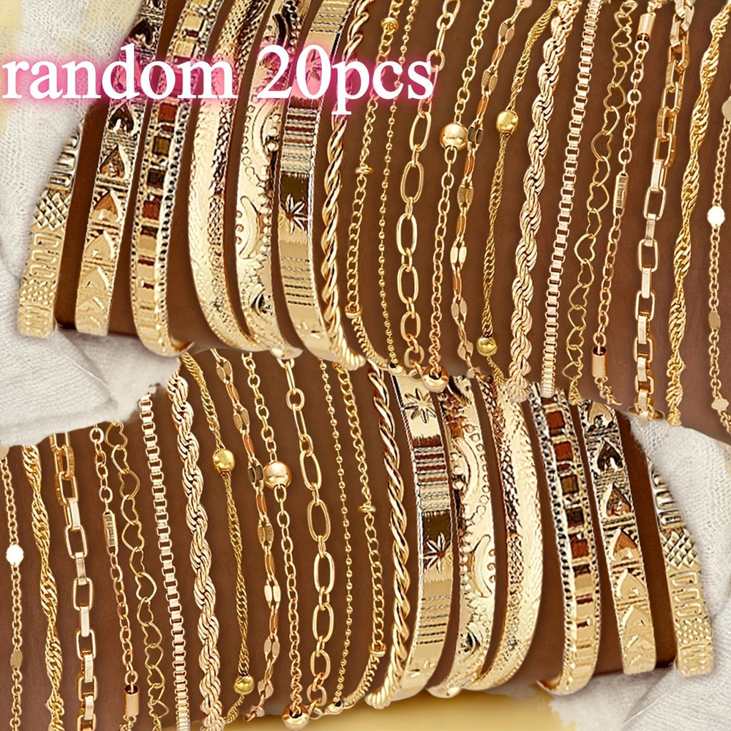 Women's KC Gold-Plated Bracelet Set: 7 or 20pcs Randomly Assorted Stackable Elegant Charm Bracelets for Daily Wear & Gifting