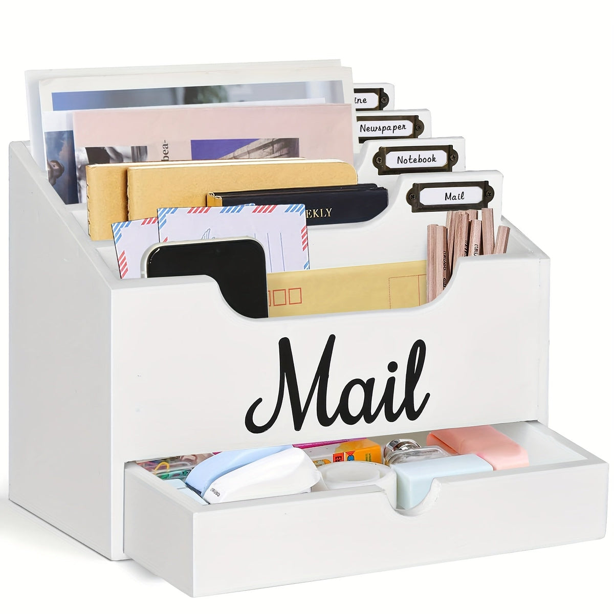 Large Solid Wood Desktop Mail Organizer with Drawer and 4 Compartments, Labelable Dividers for Files, Letters, and Paper Folders, Desk Organizer for Home Office, Students, and Professionals