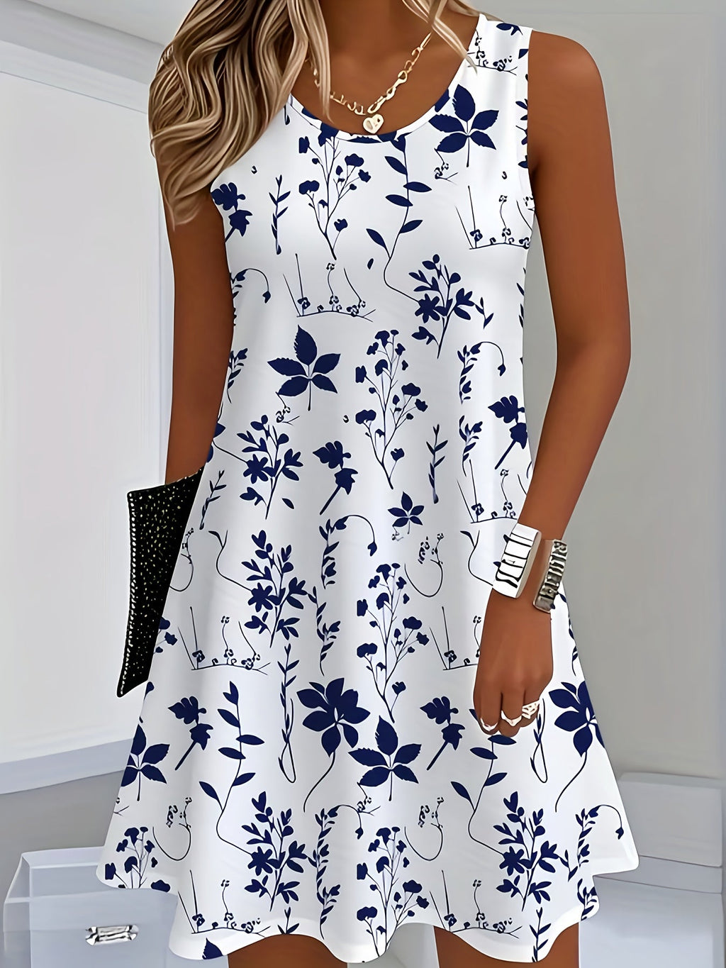 Women's Summer Midi Dress Fashion Printed Sleeveless Crew Neck Flared Hem Casual Vacation Dress European and American Style S M L XL XXL
