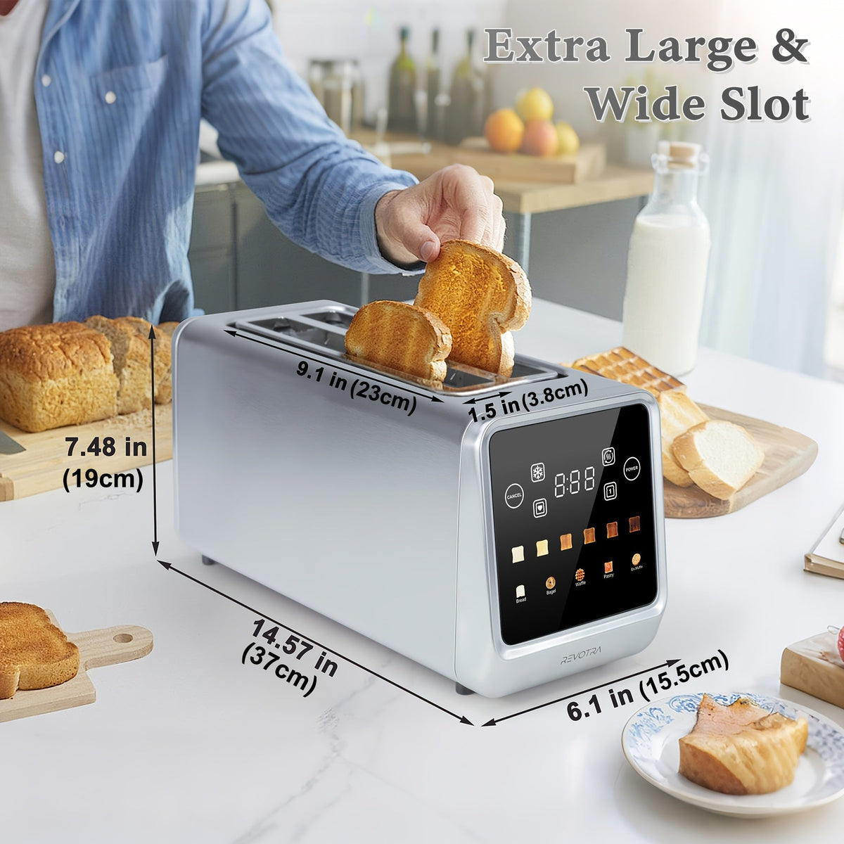 4-Slice Long Slot Toaster – Touchscreen LED Display 1.5" Extra Wide Slots for Thick Bread & Bagels Countdown Timer Memory Function Dual Control 6 Shade Settings Stainless Steel