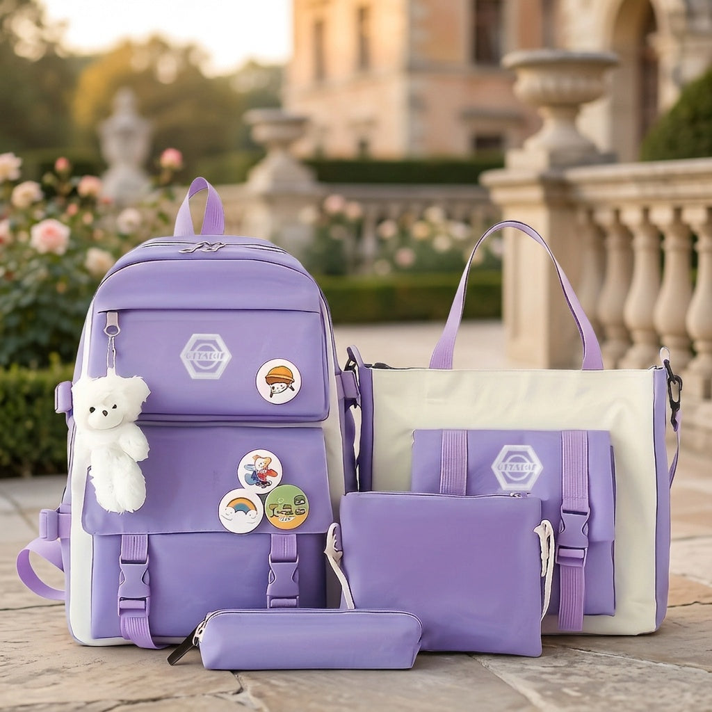 5-Piece Girls' School Backpack Set: Cute, Lightweight Daypack with Tote Bag, Pencil Case & Coin Purse - Durable Student Backpack for School, Hiking & Casual Use