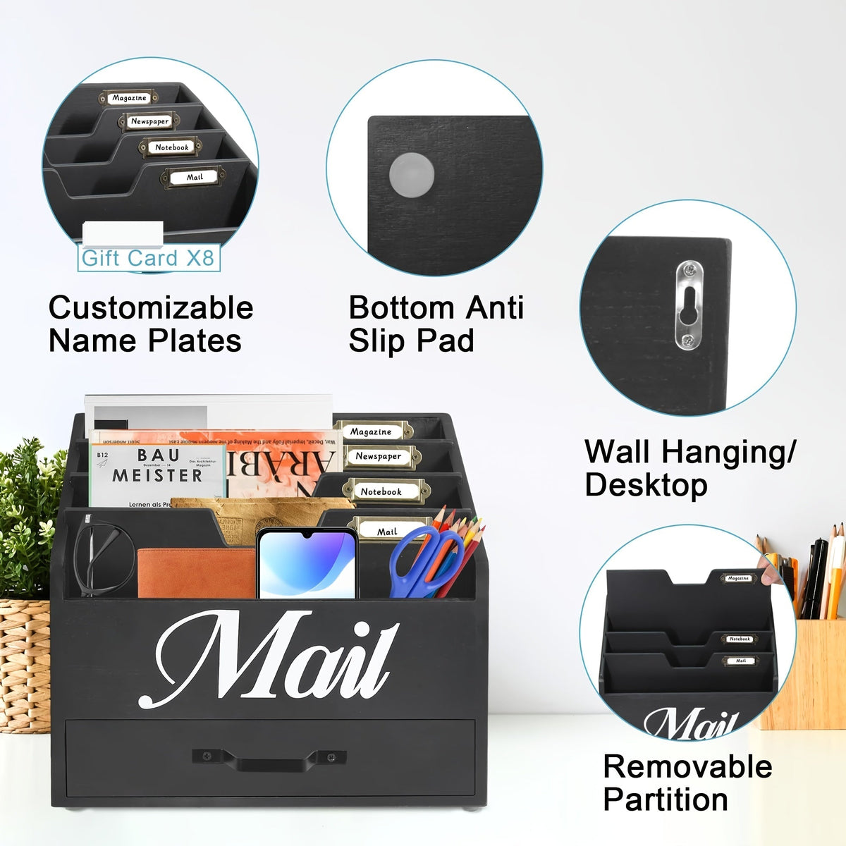Large Solid Wood Desktop Mail Organizer with Drawer and 4 Compartments, Labelable Dividers for Files, Letters, and Paper Folders, Desk Organizer for Home Office, Students, and Professionals