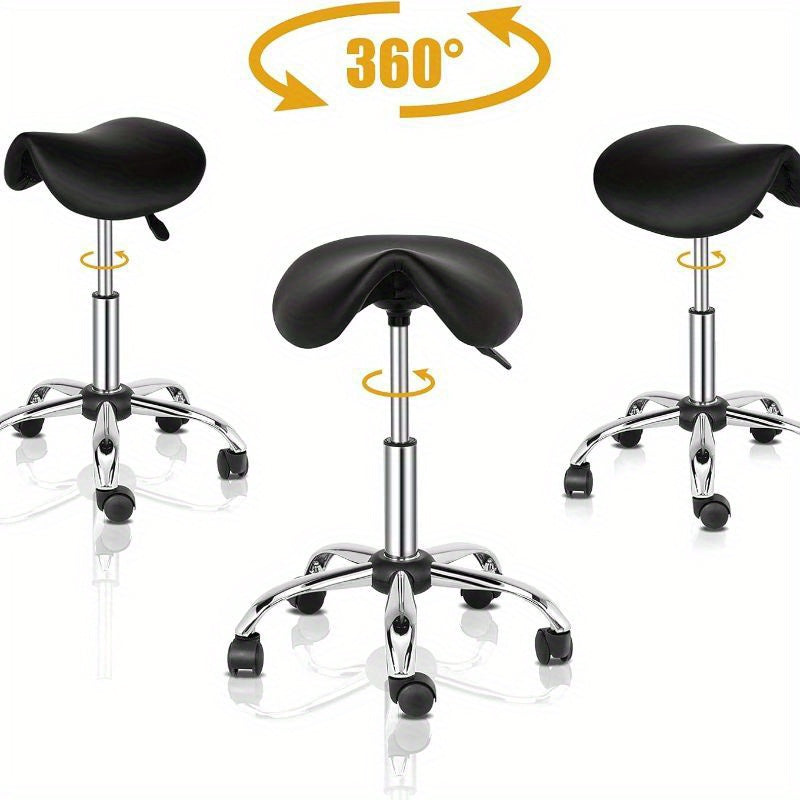 OmySalon Hydraulic Adjustable Ergonomic Saddle Rolling Stool - 18.5"–24.4" Height, 360° Swivel, 300 lbs Capacity, PU Leather, SGS Certified - Salon, Tattoo, Massage & Spa - Walnut & Brown