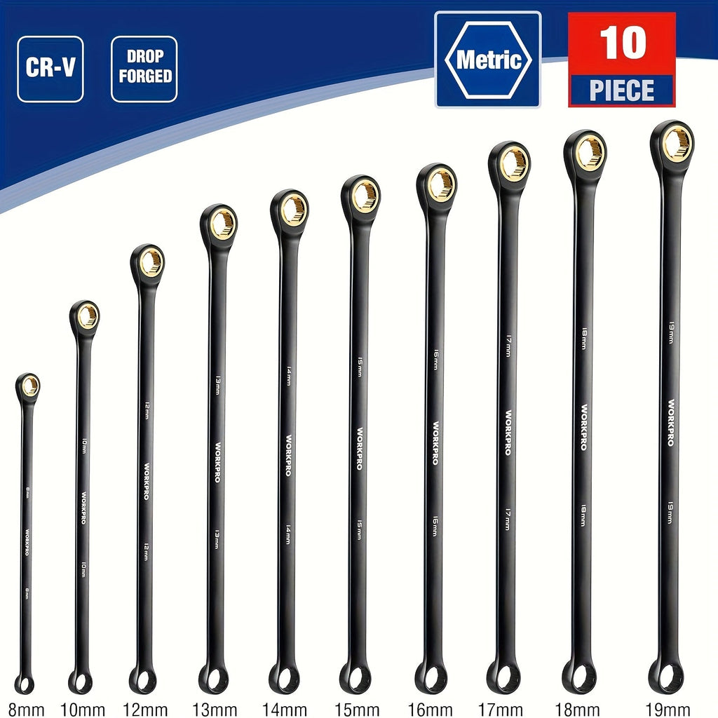 WORKPRO 10pc Extra Long Ratcheting Wrench Set – Anti-Slip Double Box Wrenches Metric 8-19mm, 72-Tooth Cr-V Steel, Black Electrophoretic Coating, Rolling Pouch Included, Professional Hand Tool Kit