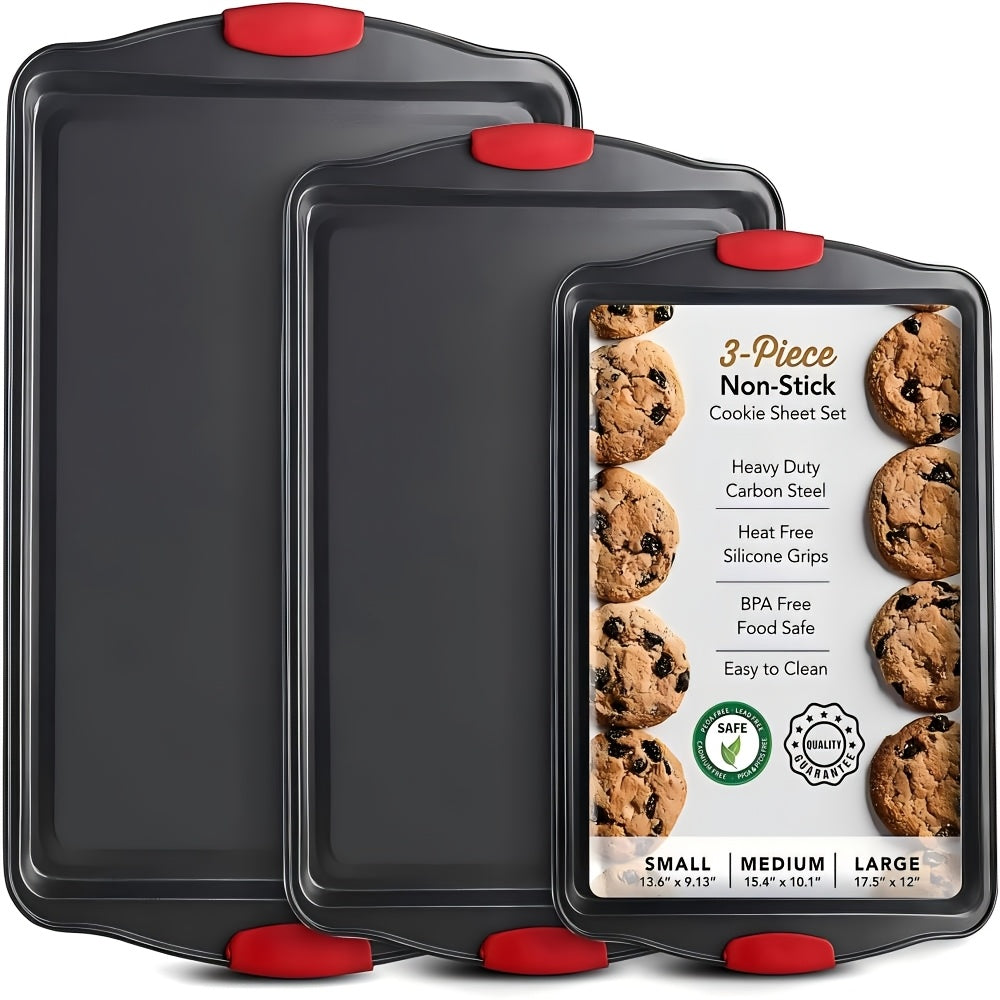 Carbon Steel Non-Stick Baking Pan Set 3-Piece – Commercial Restaurant Grade Oven Safe Bakeware with Red Silicone Handle, Double-Sided Coating Sheet Pan, Cookie Tray, and Roasting Pan