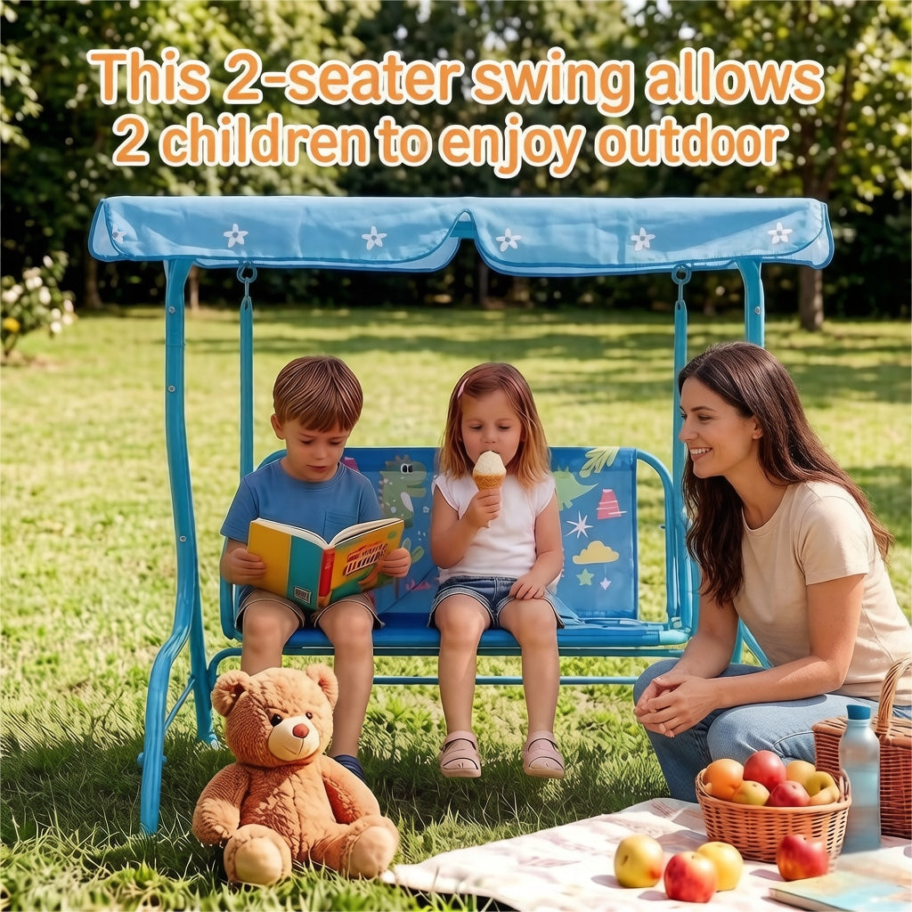 2-Seater Kids Outdoor Patio Swing Chair with Adjustable Sun Canopy, Safety Belts, Metal Stand Porch Swing Bench for Backyard, Garden, Balcony, Ages 3+, 180 lbs Capacity