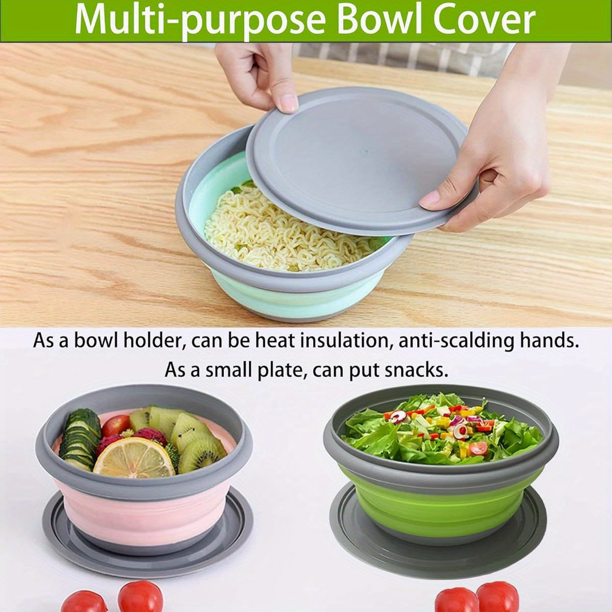 Collapsible Silicone Camping Bowls Set of 3 with Lids, Folding Utensils, and Storage Bag, Stackable Portable Food Containers for Camping, Hiking, Travel, Lunch (Blue, Pink)
