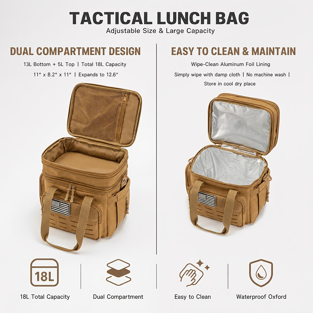 Tactical Lunch Box for Men 18L – Expandable Heavy Duty Insulated Cooler Bag with MOLLE Webbing, Leakproof Thermal Lunch Bag for Work, Camping, Outdoor & Picnic, Available in Khaki, Black & Green